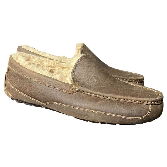 UGG Other - UGG Shoes Mens 9 EEE (3E) Brown Leather Ascot Shearling Slippers Loafer 5379